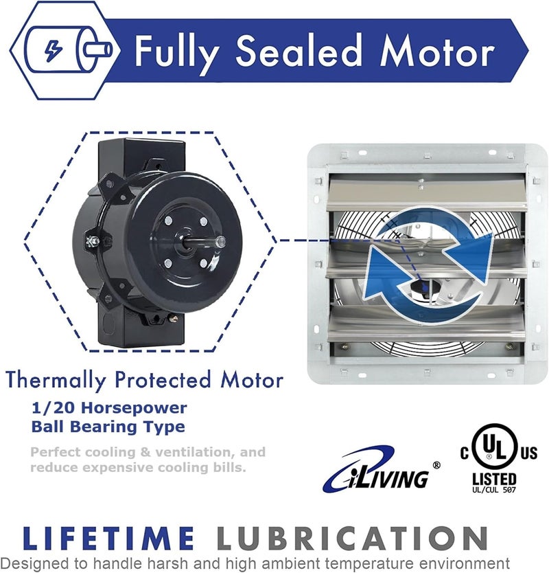 Iliving 12-Inch Wall Mounted Exhaust Fan with Variable Speed, 960 CFM, 1400 SQF Coverage Area, Silver - Image 3